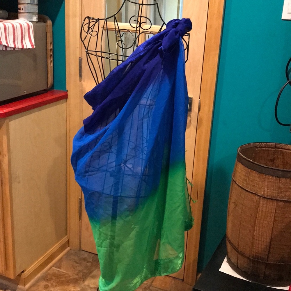 Sheer wrap/scarf/ shawl fringed green blue purple